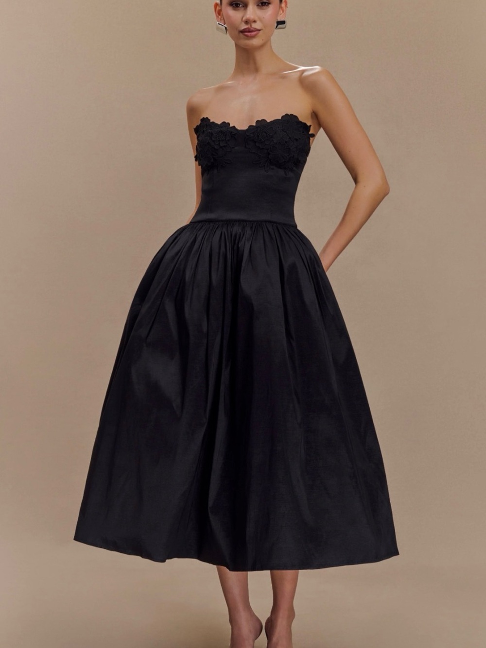 Meshki Strapless Black Tea-Length Dress with Floral Appliqué